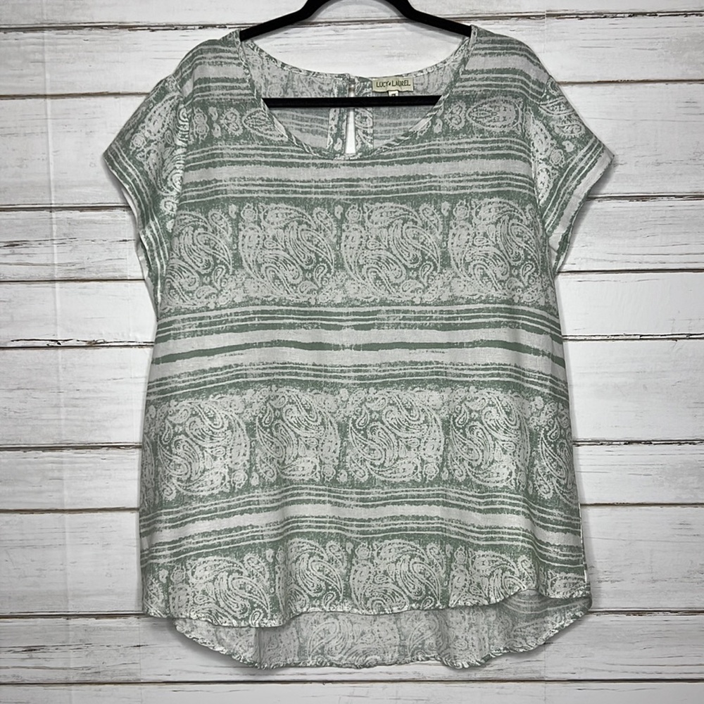Lucy & Laurel Linen Sage Green White Paisley Stripes